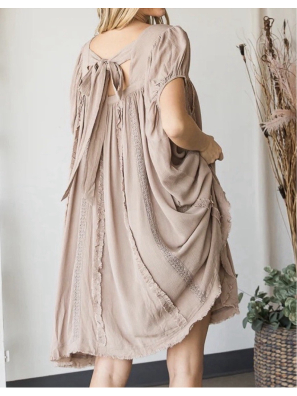 Oli & Hali Mocha Size L Bohemian Peasant Tunic Dress Oversized Lace Detail - Picture 2 of 10